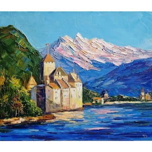 Switzerland Landscape Painting Château de Chillon Painting Lake Au Lac Painting Lake Painting Wall Art 10 by 12 inches