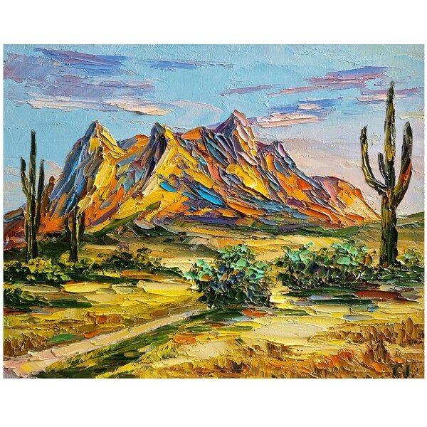 Arizona Landscape Painting,Mountain Wall Art, Cactus Paintings,Sonora Desert Art,Arizona Wall Decor,Impasto Painting,8 by 10 inches