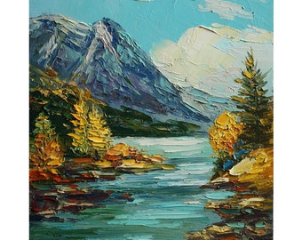 Lake Louise Oil Painting, Palette Knife Mountain Art (10x8 inches)