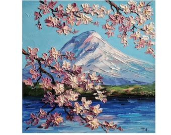 山の周りの桜、アクリル画の風景画の春のアート、ピンクの花のアート