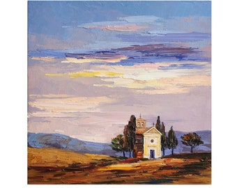 Peinture du Val d’Orcia, art mural de l’Italie, peinture à l’huile de Toscane, paysage de Toscane, peinture de villa italienne, 10 par 10 pouces