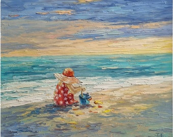 Original Seascape with People Painting,Beach Wall Art,Girl Playing on the Beach,Grass Field,Nursery Decor,11 by 13 inches