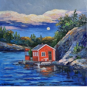 Norway Fjord Painting Norway Landscape Painting Norwegian Fjords Red House Painting Norway Seascape Impasto Painting 16 by 16 inches