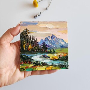Grand Teton Painting Lake Grand Teton Small Painting National Park Wyoming Sunset Mountain Art Wall Art 4 by 4 in