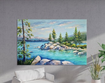 タホ湖の油絵：カリフォルニアの風景画、24x36