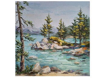 Lake Tahoe Painting,California Landscape,Original Art,Gift for Holidays,Wall Art,13 by 13 inches