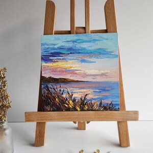Mountain and Ocean Wall Art California Seascape Oil painting Sunset Cliff Landscape Muntains painting wall decor 6 by 6 inches