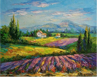 油彩画 風景画 ラベンダー畑 キャンバス ラベンダー畑の風景：印象派のキャンバスに描かれた油絵 - Etsy 日本