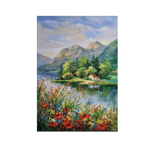 Mountain Landscape Spring Painting Alaska Landscape Painting Flower Field Lake Painting Wall Art 20 by 14 inches