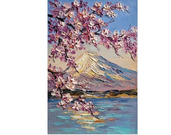 Sakura Painting,Japan Landscape, Mountain Wall Art,Blossom Painting,Impasto Painting,Nursery Wall Art,12 by 8 inches