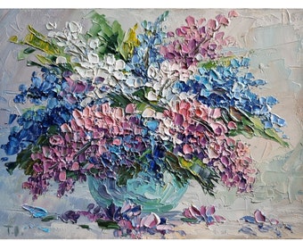 Impasto Lilac Bouquet Painting, Textured Floral Still Life Art