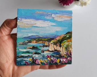 Laguna Beach California,California Wall Art,Ocean Painting,Wall Art,Impasto Cliffs,Seascape Painting,Oil Painting,4 by 4 inches