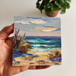 Pintura Seascape Pequeno Impasto Pintura Original Seascape Arte Da Parede Do Berçário 4 por 4 polegadas