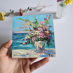 Seascape Painting Flowers Painting Lilac Painting Small Impasto Painting Oil Floral Impasto Nursery Wall Art 4 by 4 inches