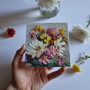 Fall Flowers Painting Daisy Painting Small Impasto Painting Oil Floral Impasto Nursery Wall Art 4 by 4 inches