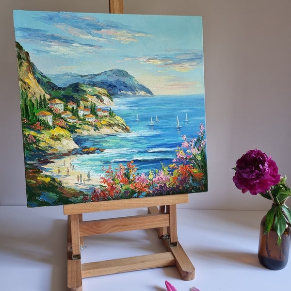 Peinture de Positano, côte amalfitaine, paysage italien, toile paysage de Positano, peinture d'empâtements d'Italie, art mural de pépinière, 16 x 16 po