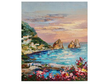 Positano-Gemälde, Sonnenuntergangsgemälde, Amalfiküste, italienische Landschaft, florale Wandkunst, Landschaftsmalerei, Nusery-Wandkunst, 12 x 10 Zoll