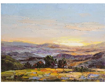 Vermont Sunrise Oil Painting: Palette Knife Landscape Art (6x8 in)