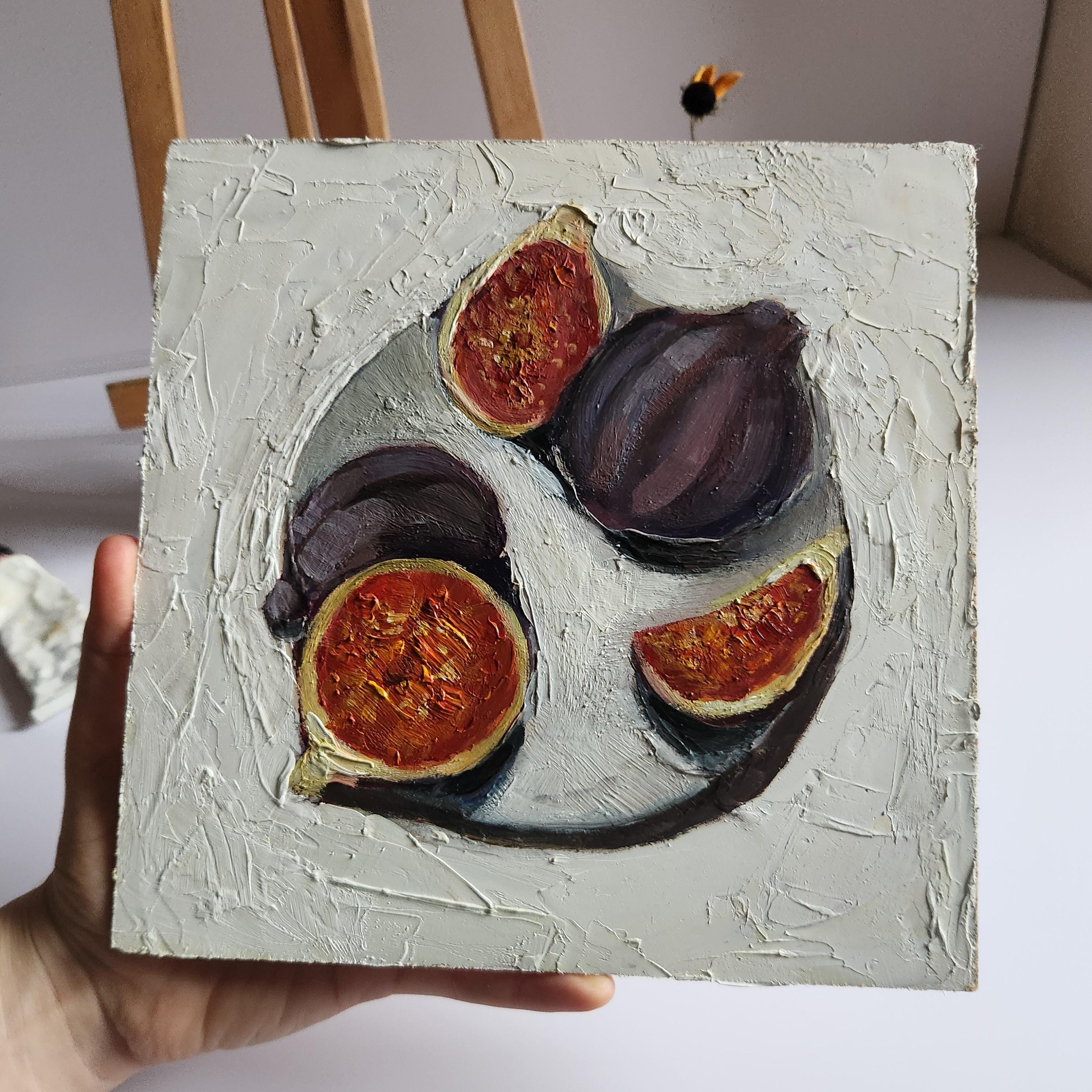 イチジクの油絵：静物画、インパストアート、8x8 - Etsy 日本
