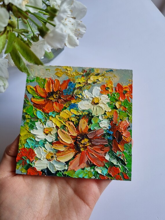 デイジーの絵画 小さなインパスト絵画 野の花 油絵 花の