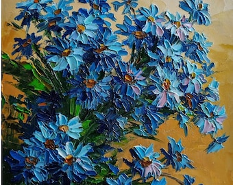 忘れな草の油絵：インパストフローラルアート、8x8 - Etsy 日本