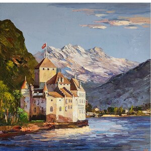 Switzerland Landscape Painting Château de Chillon Painting Lake Au Lac Painting Lake Painting Wall Art 13 by 13 inches