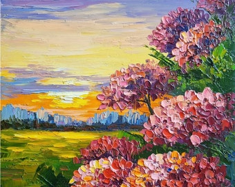 Original Hydrangea Tuscany Oil Painting, Palette Knife Floral Art (10x10)