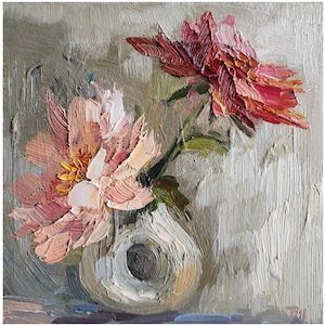 Peony Original Oil Painting Impasto Peonies Original  Painting Pink Peony Painting Floral Painting Anniversary Gift Wall Art 6 by 6 in