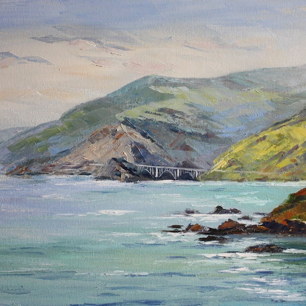Peinture de Big Sur Monterey, peinture à l'huile d'empâtement d'art original, peinture d'art de mur de paysage marin Oeuvre d'art de plage de la Californie 45 par 23 pouces