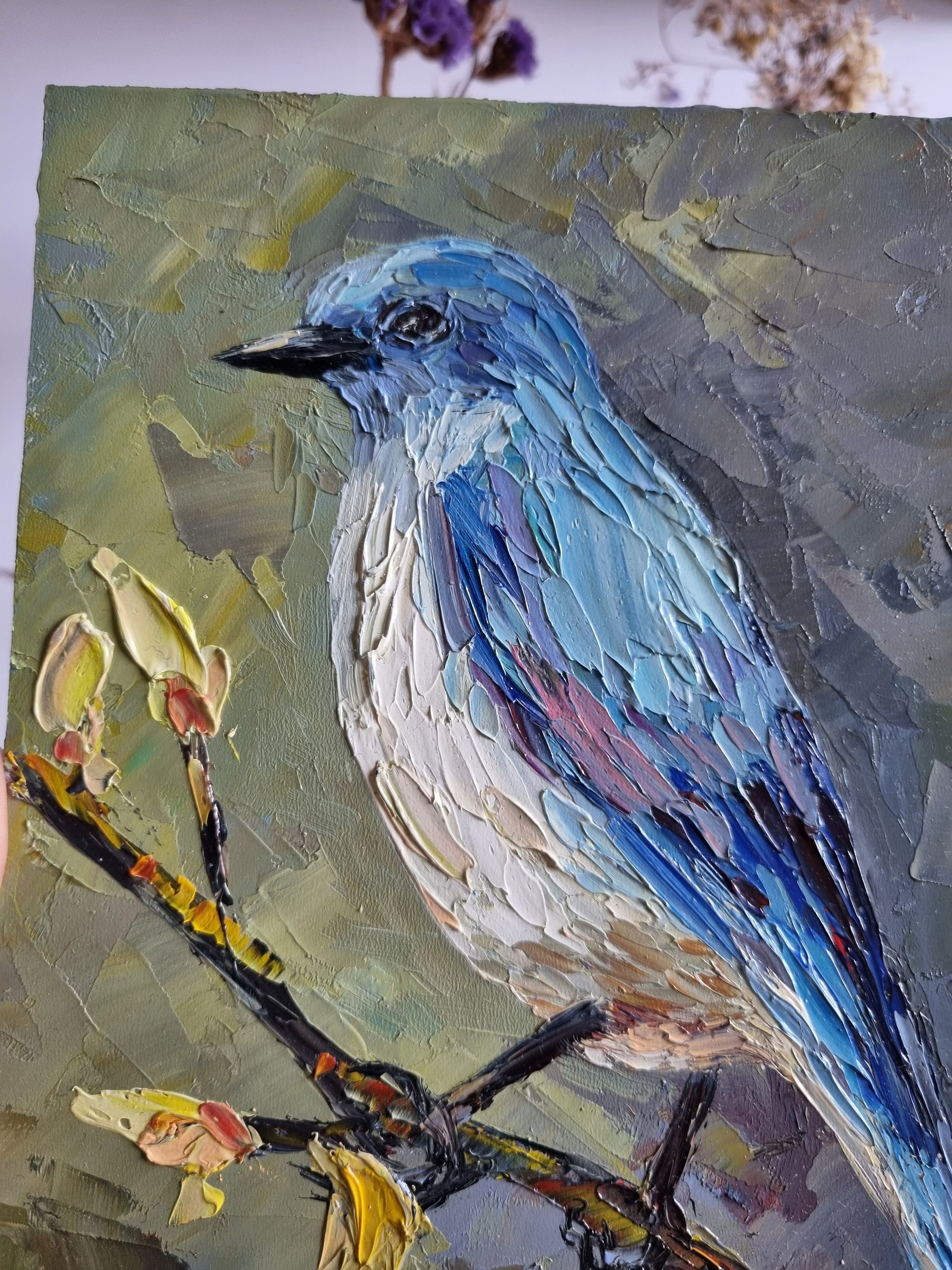 青い鳥の油絵、かわいい静物画、モダンな室内装飾（8 x 6インチ