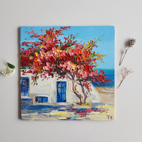Greece Painting,Greece Flowers,Santorini Painting,Mediterranean Painting,Mediterranean Art,Seascape Painting,Wall Art,6 by 6
