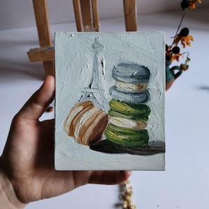 Paris Oil Painting Macarons Impasto Original French Painting Romantic Eiffel Tower Wall Art Decor Travel Gifts 5 by 4 in