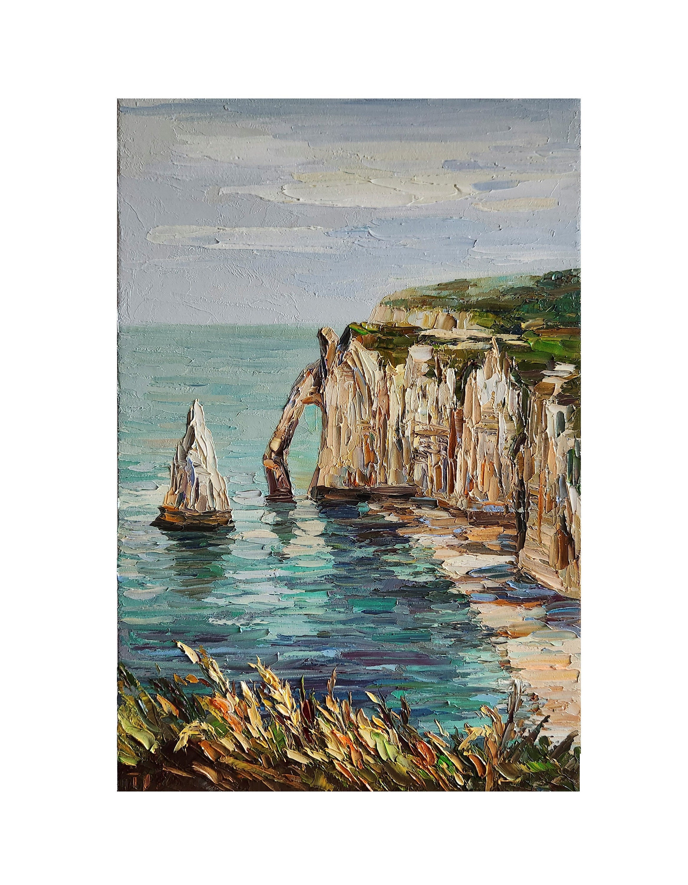 エトルタ ノルマンディー 海景油絵：フランスの崖の芸術（12 x 8インチ