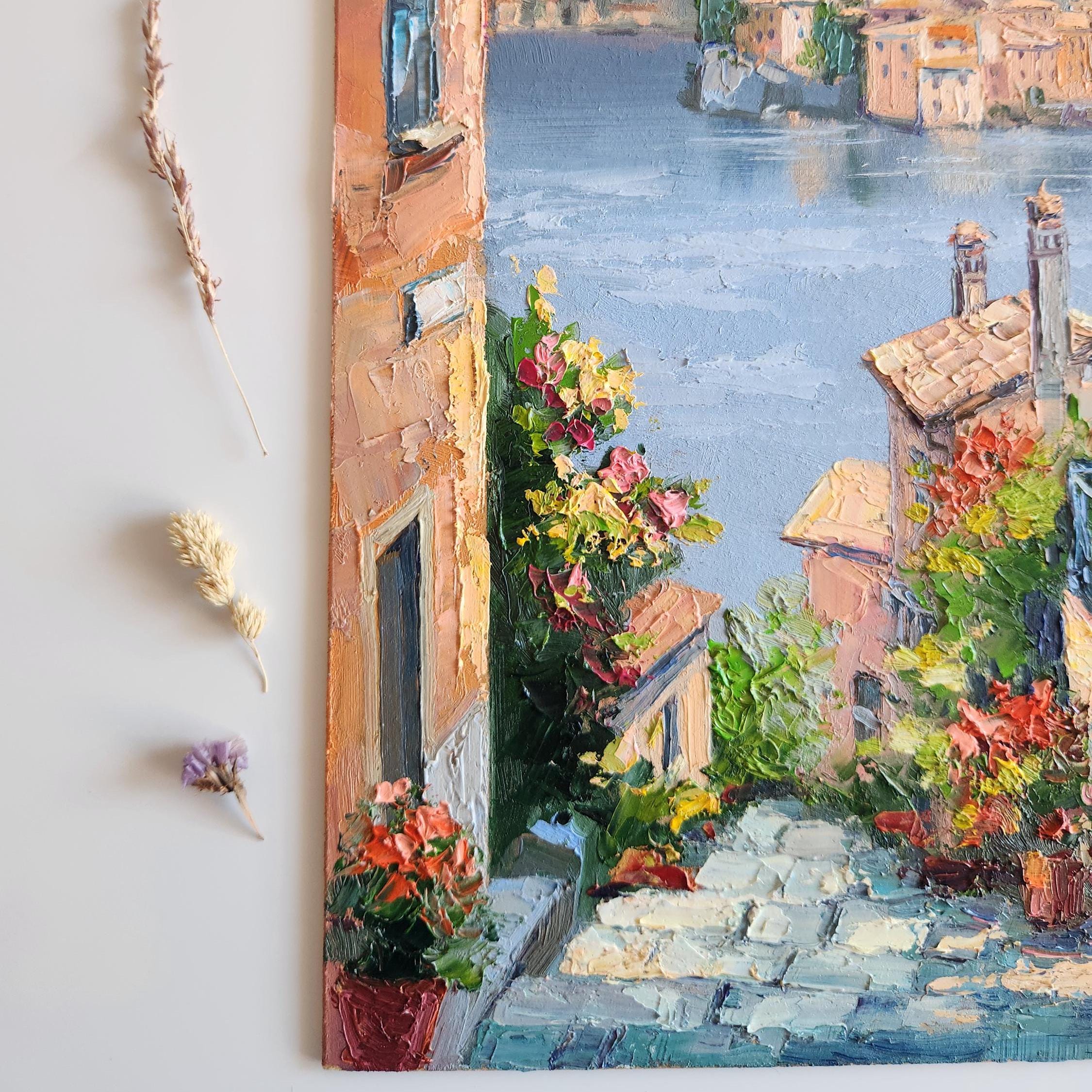 コモ湖の街並みを描いた油絵：イタリアの風景画（12 x 10インチ