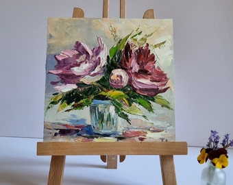 Peony Painting,Pink Peony Painting,Floral Painting,Anniversary Gift,Wall Art, 8 by 8 inches