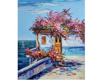 Greece Painting,Santorini Painting,Mediterranean Painting,Mediterranean Art,Seascape Painting,Wall Art,12 by 10