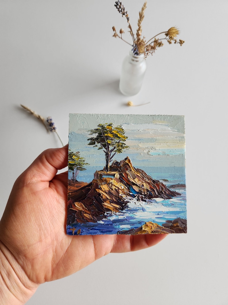 The Lone Cypress Painting,Monterey Painting,Pebble Beach California Painting,Wall Art,4 by 4 inches image 10