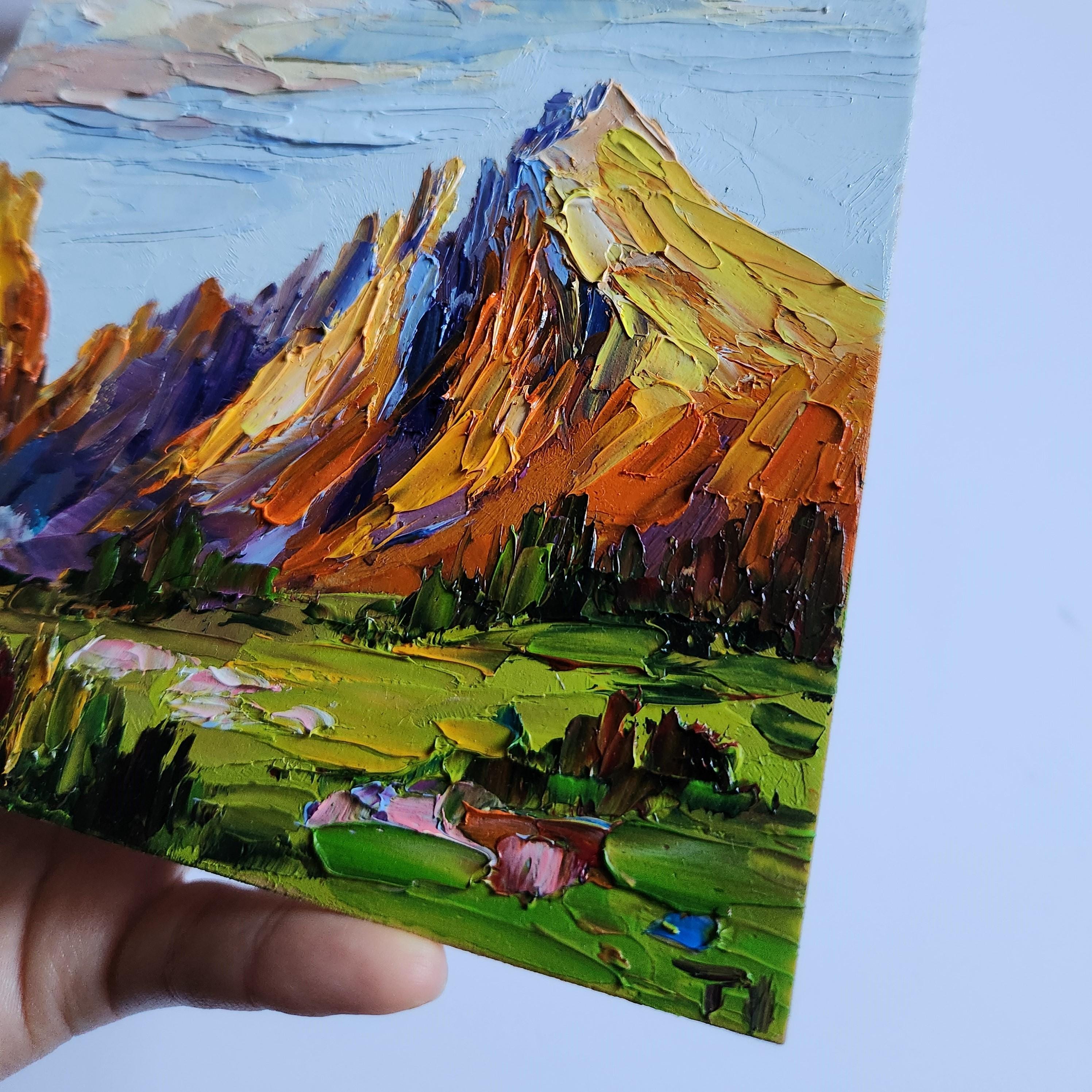 ドロミテ山の油絵：イタリアアルプスの夕焼け風景画 - Etsy 日本