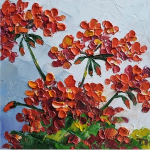 Geranium Oil Painting Red Flowers Painting Impasto Painting Floral Painting Wall Art 6 by 6 inches