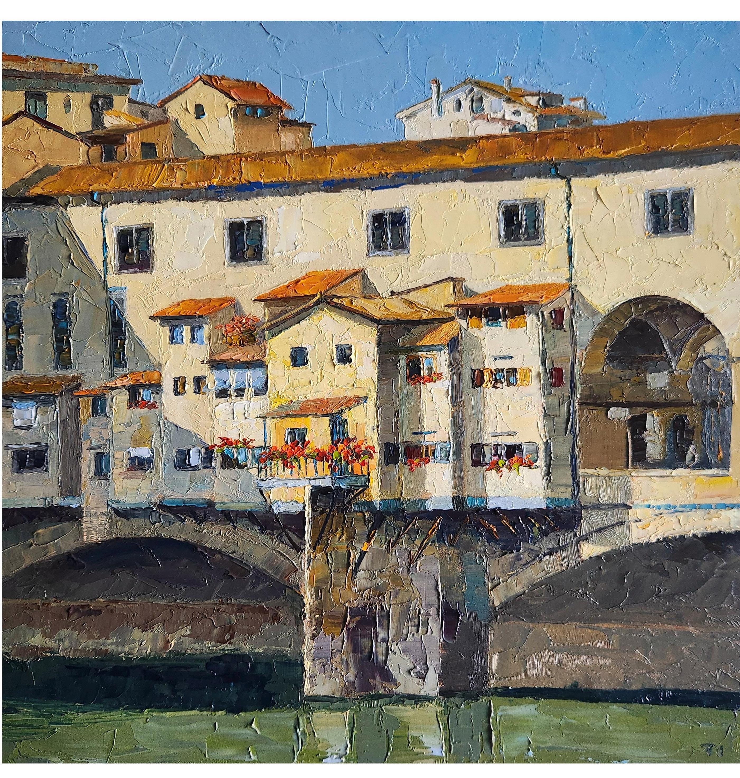 フィレンツェのヴェッキオ橋の油絵：イタリアの街並みの壁画（13 x 13