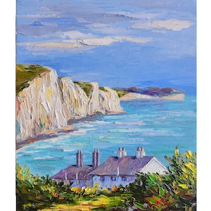 Original Seven Sisters Beach Painting England Seascape Painting Chalk Cliffs Seascape Painting Wall Art 12 by 10 inches