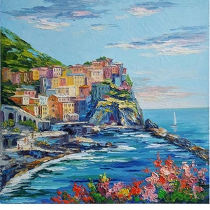 Cinque Terre Painting Italy Wall Art Manarola Painting Italy Landscape Italy Seascape Liguria Landscape Wall Art 13 by 13 inches