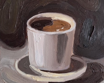 コーヒーカップの絵画、オリジナルアクリル画、カプチーノアート
