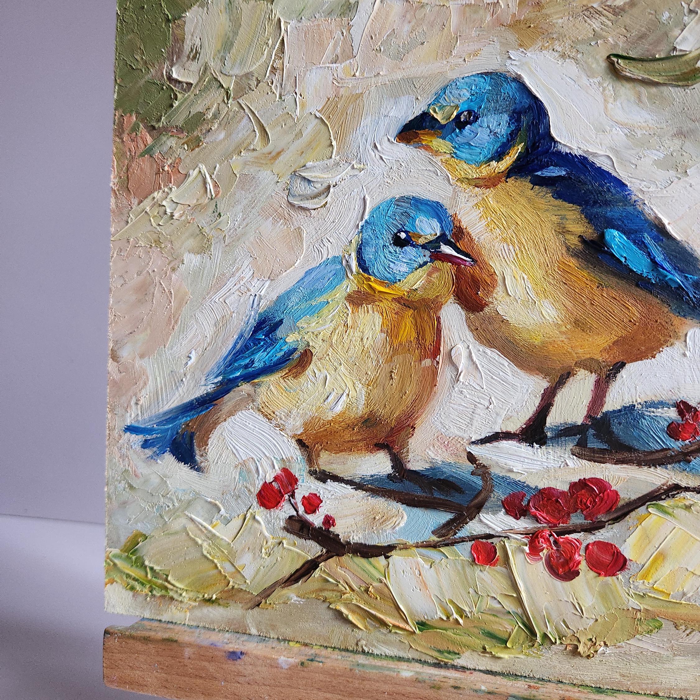 鳥の油絵 2羽の鳥の絵 厚塗り油絵 鳥の絵 壁アート 10 x 10