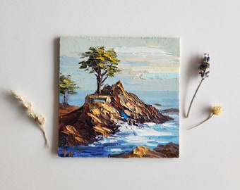 The Lone Cypress Painting,Monterey Painting,Pebble Beach California Painting,Wall Art,4 by 4 inches