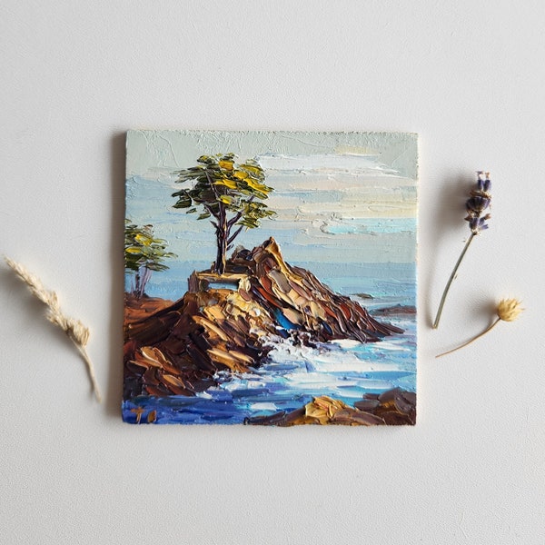 The Lone Cypress Painting,Monterey Painting,Pebble Beach California Painting,Wall Art,4 by 4 inches