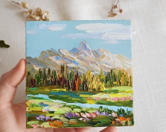 Grand Teton Painting Small Painting Lake Grand Teton National Park Wyoming Sunset Mountain Art Wall Art 4 by 4 inches