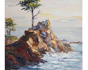 Lone Cypress Painting: Palette Knife Seascape, Coastal Wall Art