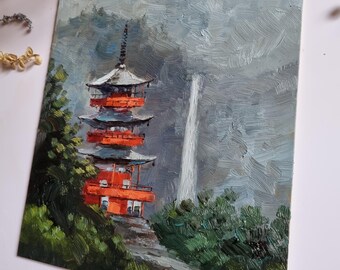 日本の寺院の油絵：那智の滝 青岸渡寺、風景画 - Etsy 日本
