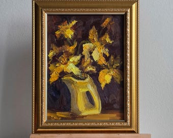 Dipinto originale ad olio di narcisi, opera d'arte impressionista floreale primaverile, natura morta.